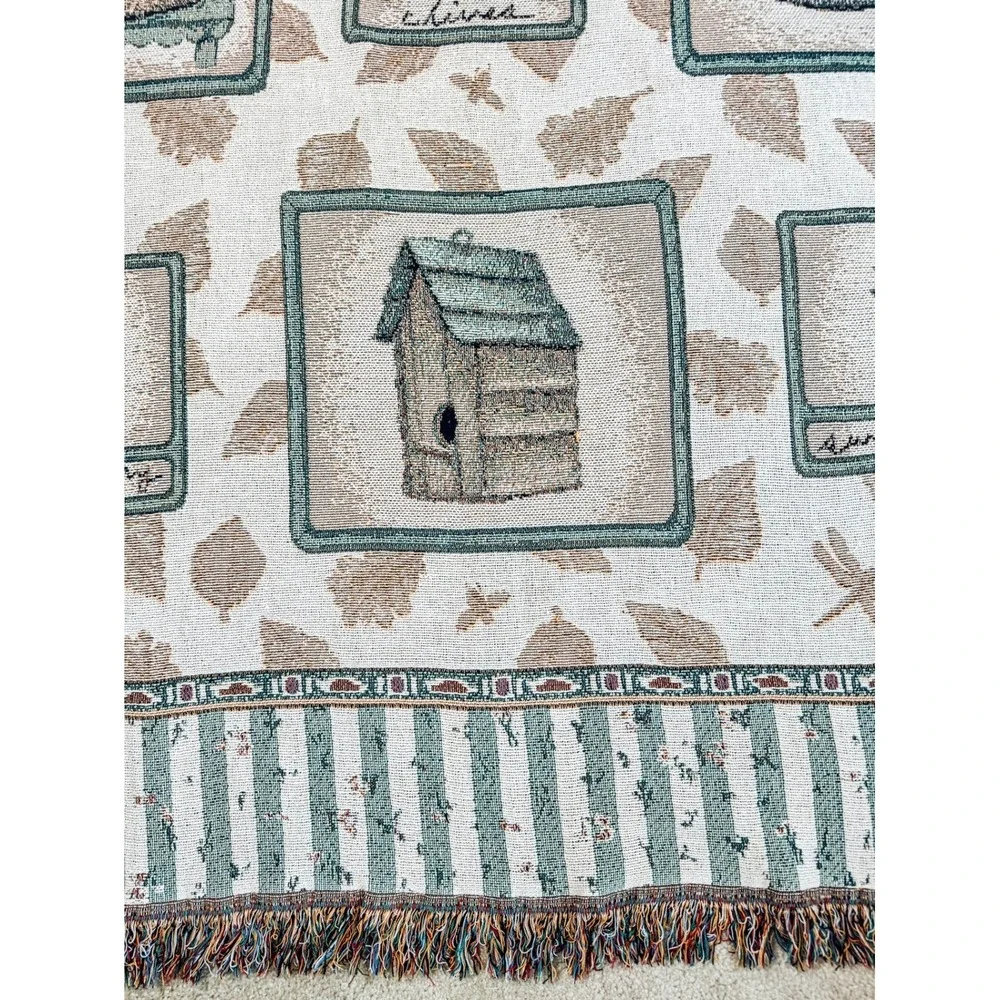 Vintage Pfaltzgraff Naturewood Woven Throw Blanket Afghan Birdhouse Garden 49x60